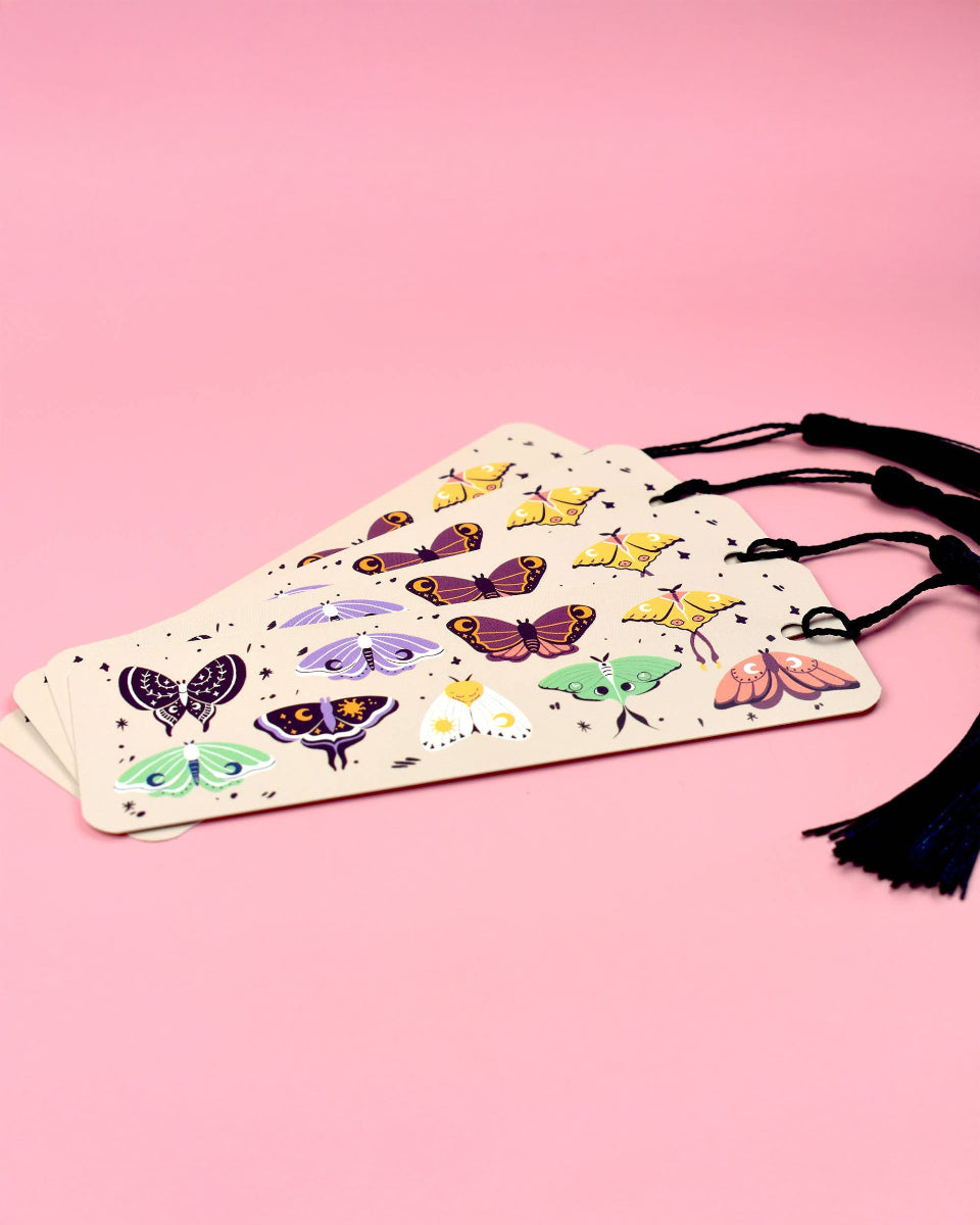 Whimsical Moths Black Tassel Bookmark