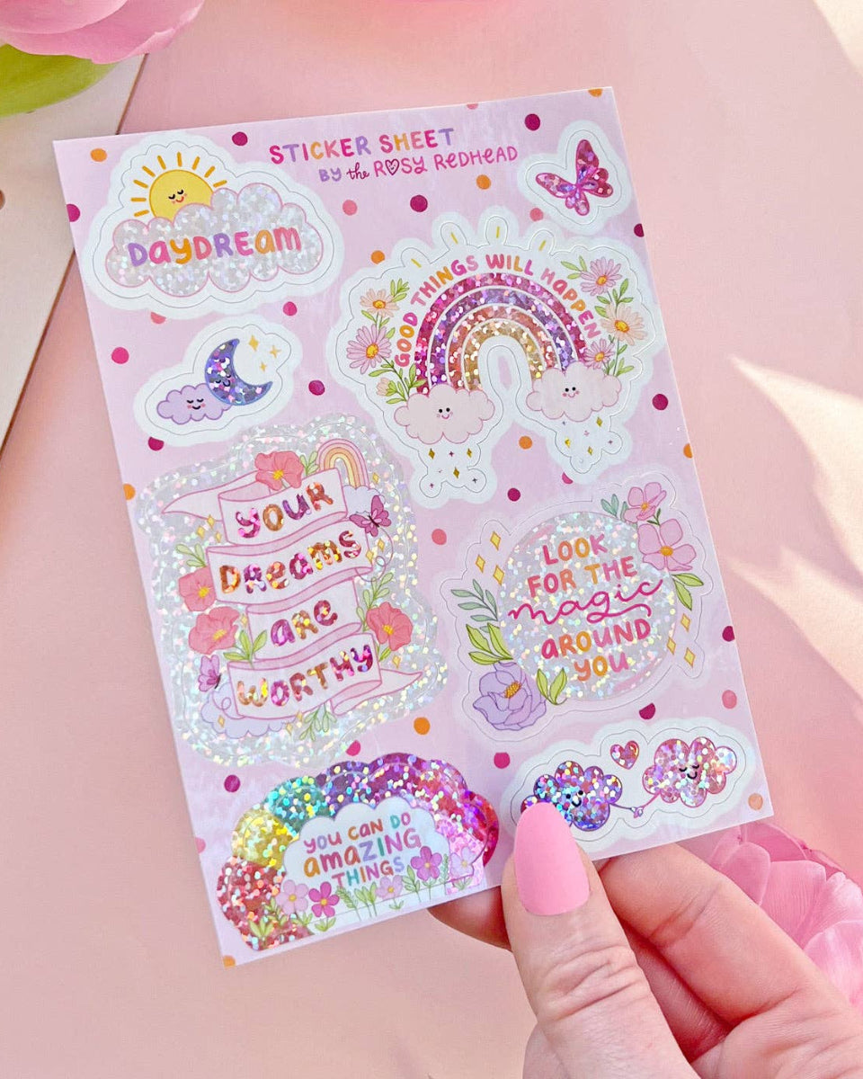 Daydream Glittery Positively Optimistic Waterproof Vinyl 8 Sticker Sheet
