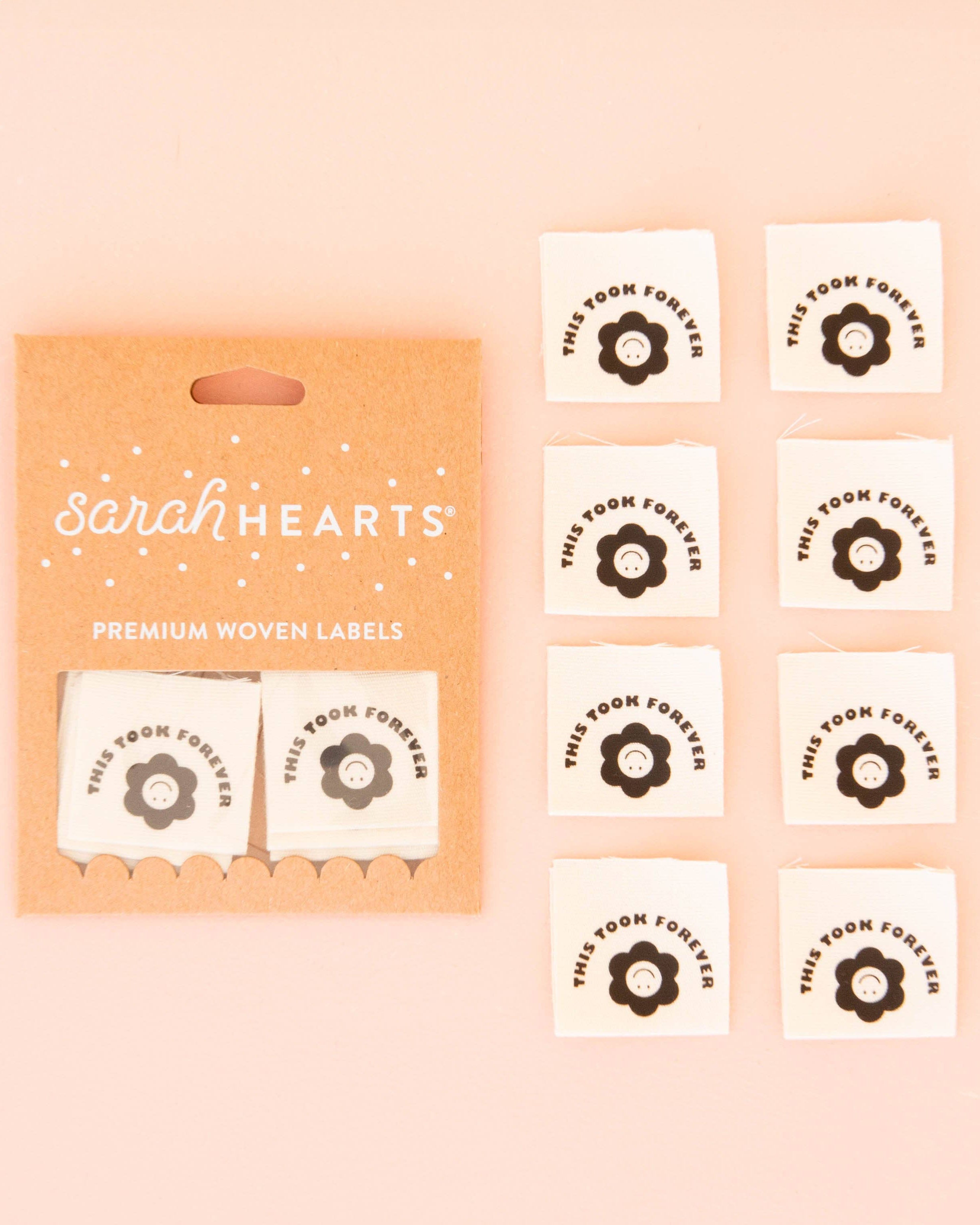 Flower "This Took Forever" Black and White Organic Cotton Sewing Labels - 3cm x 3cm