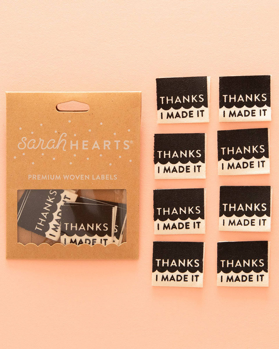Gewebte Nähetiketten aus Bio-Baumwolle in Schwarz und Weiß mit der Aufschrift „Thanks I Made It“ – 3 cm x 2,75 cm