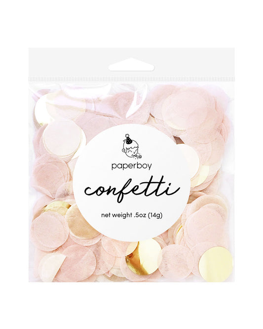 A bag of pastel pink blush and gold-toned foil circle cut 1" confetti.  The bag is square shaped and the label is white with black writing that reads "paperboy" "confetti" and "net weight 0.5 oz (14g)"