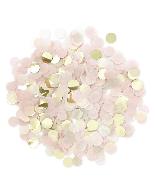 Pastel pink blush and gold-toned foil circle cut 1" confetti in a pile with a white background.