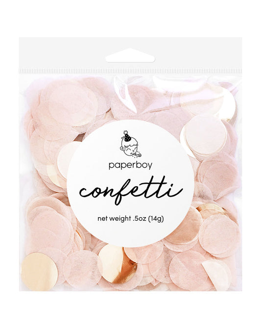 A bag of blush and rose gold 1 inch circle cut paper and mylar confetti.  The square clear packaging and has a white circular sticker that reads "paperboy", "confetti", and "new weight .5oz (14g)"