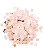 A pile of blush and rose gold 1 inch circle cut paper and mylar confetti. on a white background.
