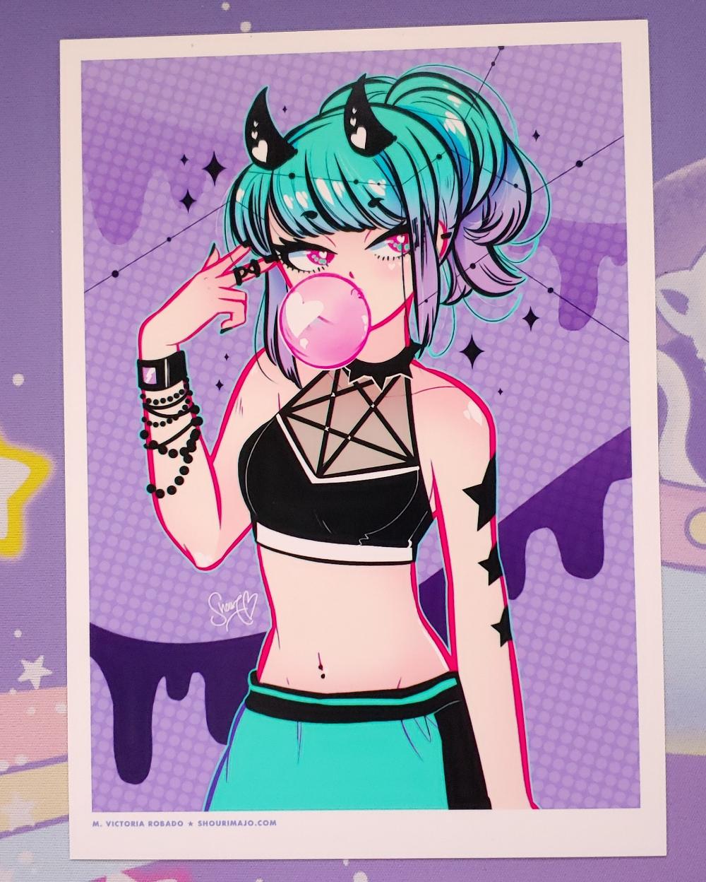 A hot cutie with blue and purple ombre hair, black horns with white hearts wearing black beaded bracelets and a black halter top with five point occult star straps at her chest. She is pointing at her temple with two fingers and blowing a bubble with her bubble gum. Her eyes are blue and pink.  She is also wearing blue and black bottoms.  It has a purple drip background.  All on high quality photo paper.