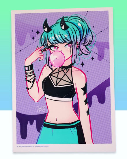 A hot cutie with blue and purple ombre hair, black horns with white hearts wearing black beaded bracelets and a black halter top with five point occult star straps at her chest. She is pointing at her temple with two fingers and blowing a bubble with her bubble gum. Her eyes are blue and pink.  She is also wearing blue and black bottoms.  It has a purple drip background.  All on high quality photo paper.