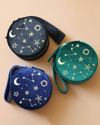 Navy Blue Starry Night Printed Velvet Round Jewelry Box