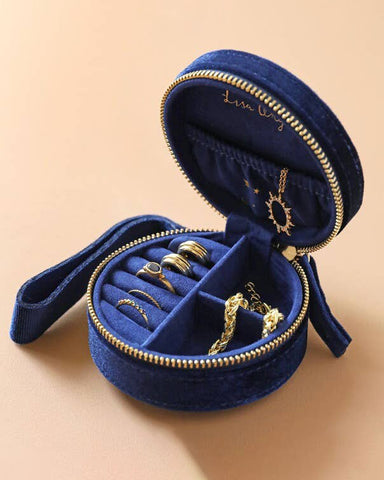Navy Blue Starry Night Printed Velvet Round Jewelry Box