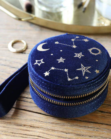 Navy Blue Starry Night Printed Velvet Round Jewelry Box