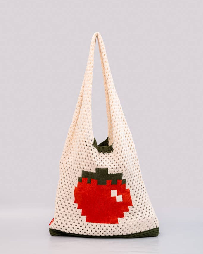 Crocheted Cotton Pixel Tomato Produce Tote Bag
