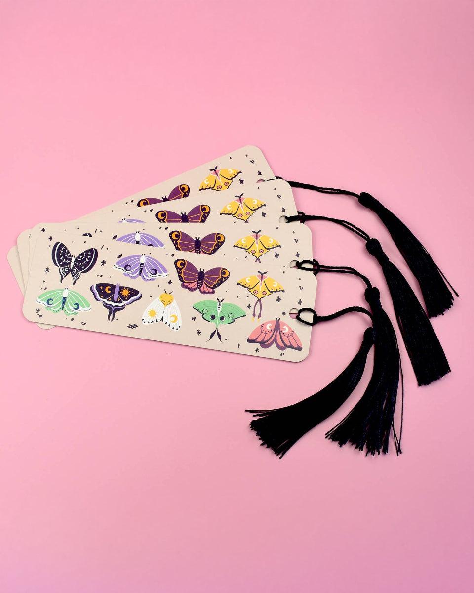 Whimsical Moths Black Tassel Bookmark