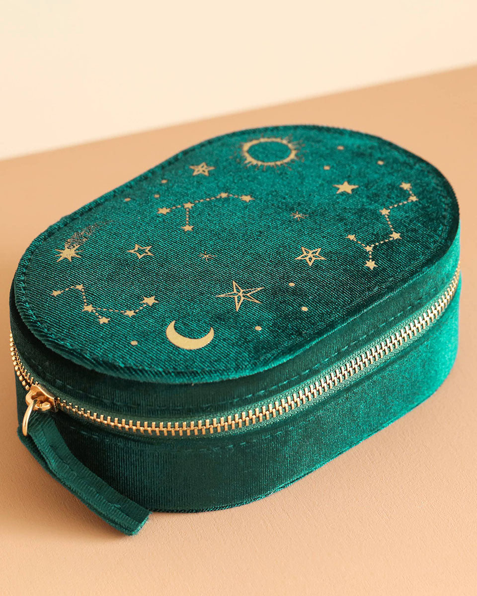 Teal Green Starry Night Printed Velvet Oval Jewelry Case