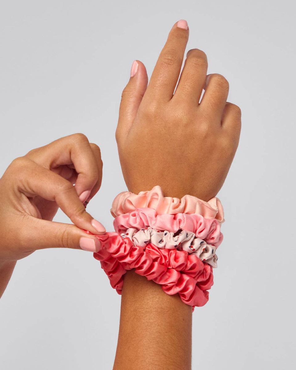Cherry Blossom Pink and Red Ruched Satin Scrunchies - Set of 5