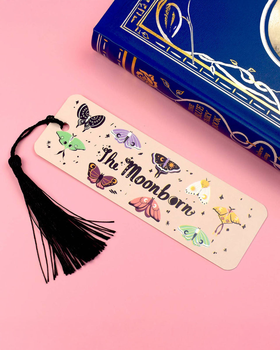 Whimsical Moths Black Tassel Bookmark