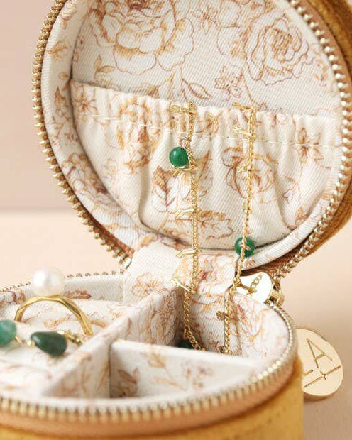 Mustard Yellow Round Velvet Jewelry Box with Floral Lining