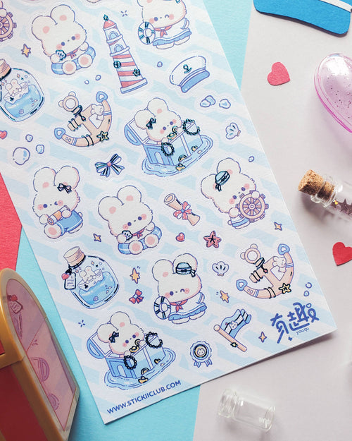 Kawaii Sailor Bunny Adventures ⚓🐰 YOUQU x STICKII Sticker Sheet - Pastel Nautical Decals