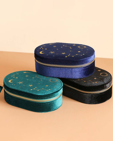 Teal Green Starry Night Printed Velvet Oval Jewelry Case
