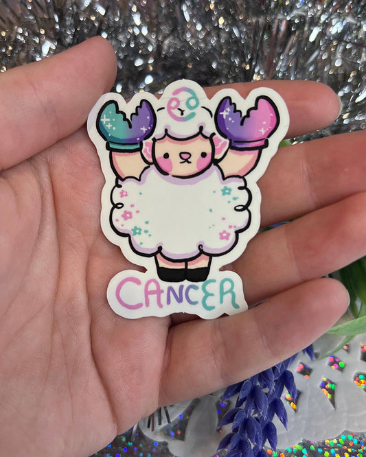 Cancer Sprout! Kawaii Sheep with Crab Hands Glossy Vinyl Sticker - 2.3"