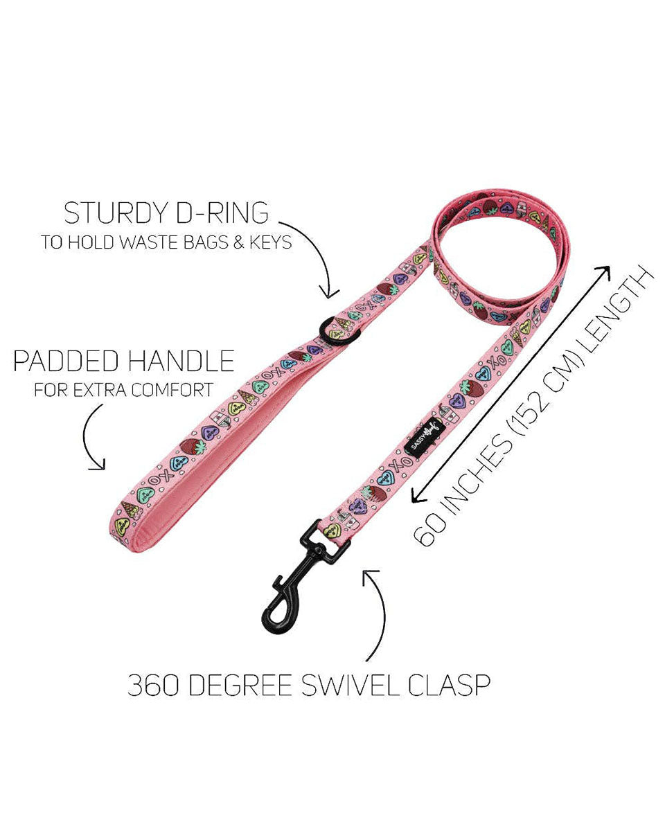 Hot Pink Candy Hearts, Ice Cream Cones, Strawberries, and Boba Print Fabric 60" Dog Leash - I Chews You