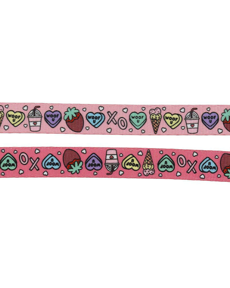 Hot Pink Candy Hearts, Ice Cream Cones, Strawberries, and Boba Print Fabric 60" Dog Leash - I Chews You