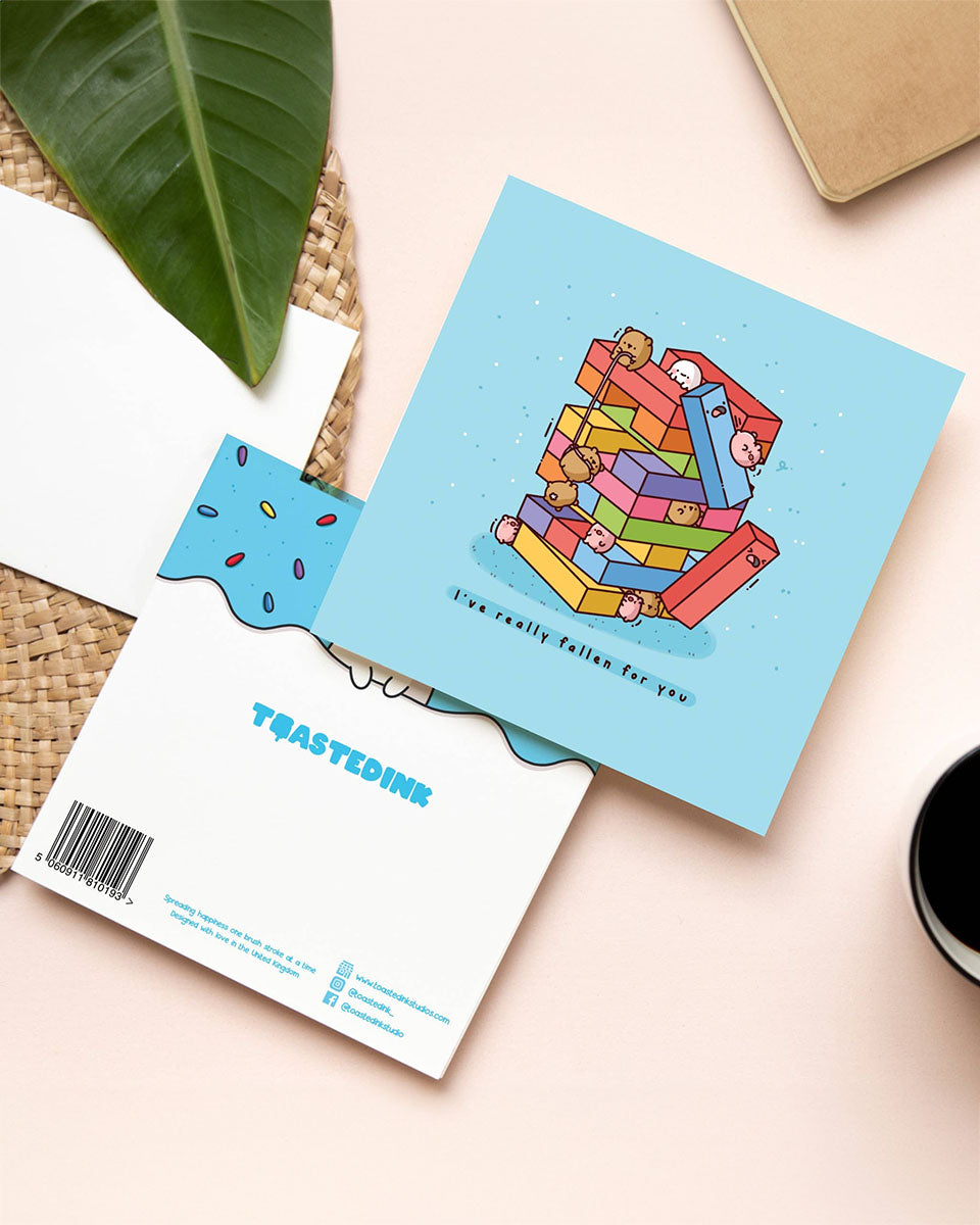 "I've Really Fallen for You" Kawaii Bears & Pigs Building Blocks Greeting Card - 6"