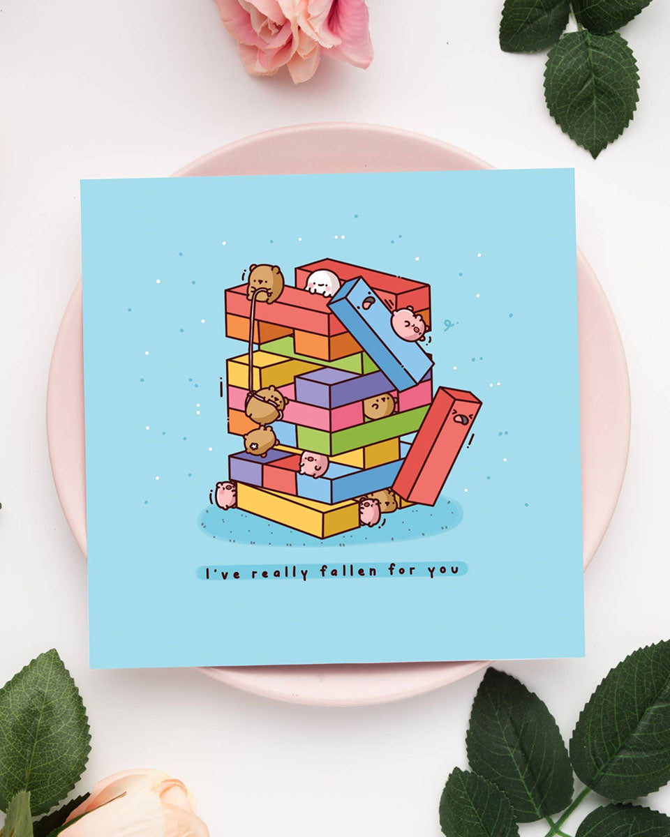 "I've Really Fallen for You" Kawaii Bears & Pigs Building Blocks Greeting Card - 6"