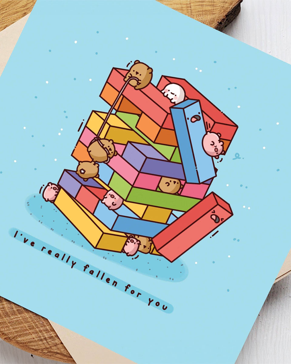 "I've Really Fallen for You" Kawaii Bears & Pigs Building Blocks Greeting Card - 6"