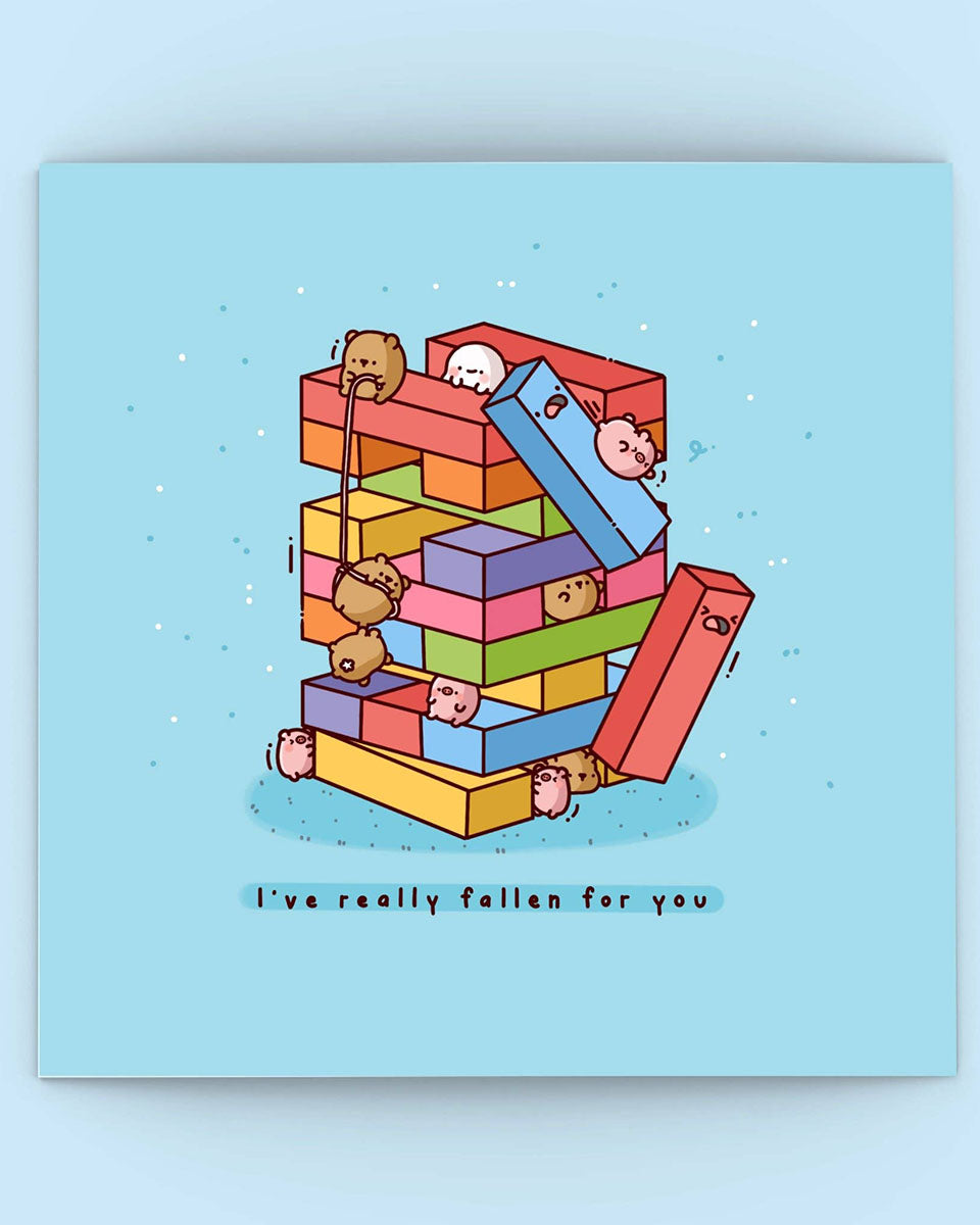 "I've Really Fallen for You" Kawaii Bears & Pigs Building Blocks Greeting Card - 6"