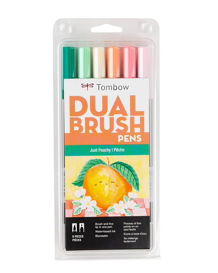 A pack of six brush pen markers from Tombow called "Just Peachy". The colors included are 296 Green, 243 Mint, 020 Peach, 873 Coral, 803 Pink Punch, and 761 Carnation. The outside packaging has an image of a peach on it. It reads dual brush pens as well as brush and fine tip in one pen. Water-based ink and blendable.