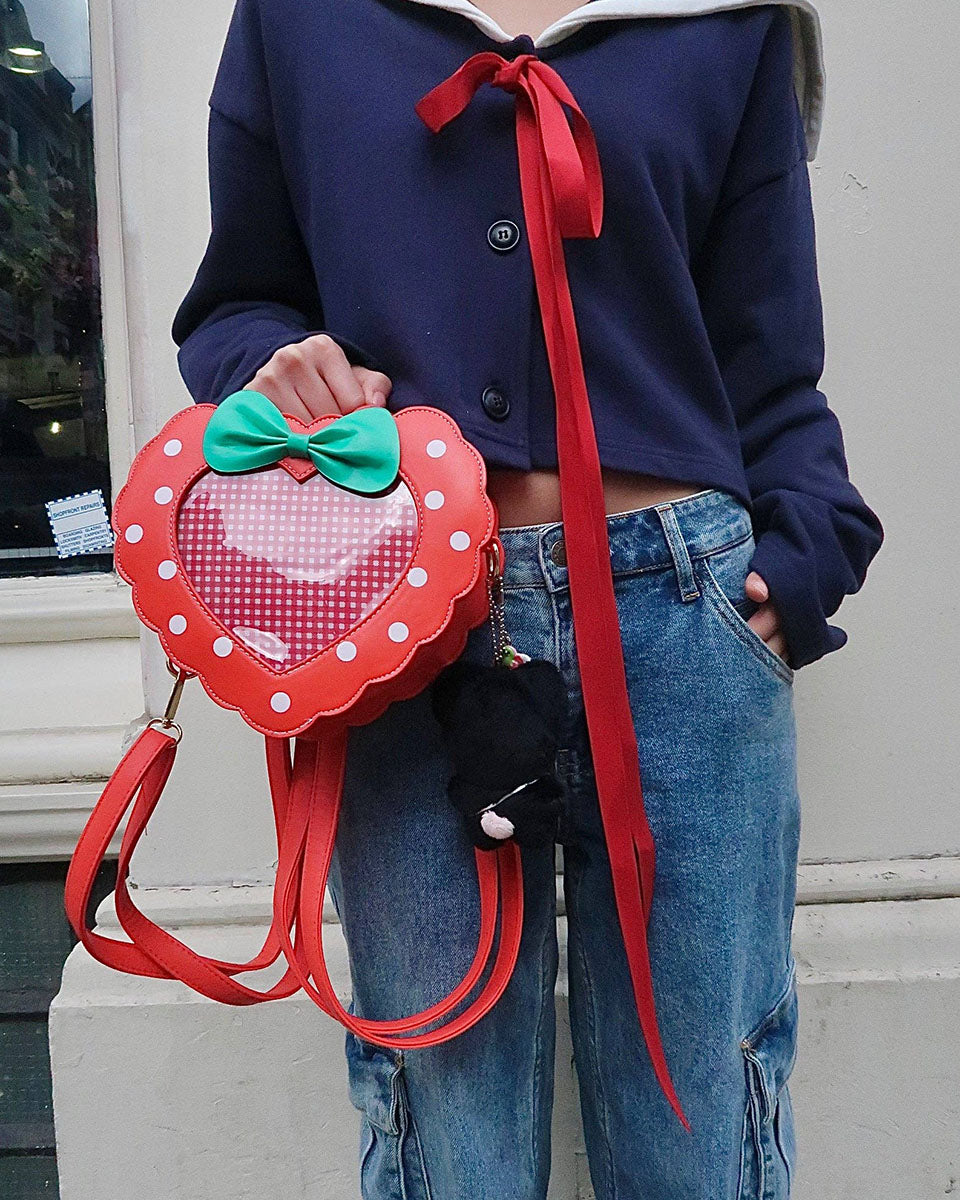 Strawberry Heart & Bow Polka Dot Crossbody Ita Handbag - Small