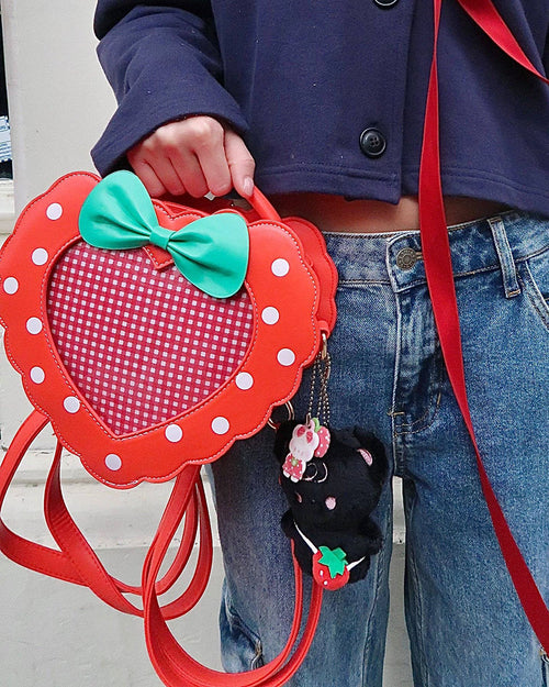 Strawberry Heart & Bow Polka Dot Crossbody Ita Handbag - Small