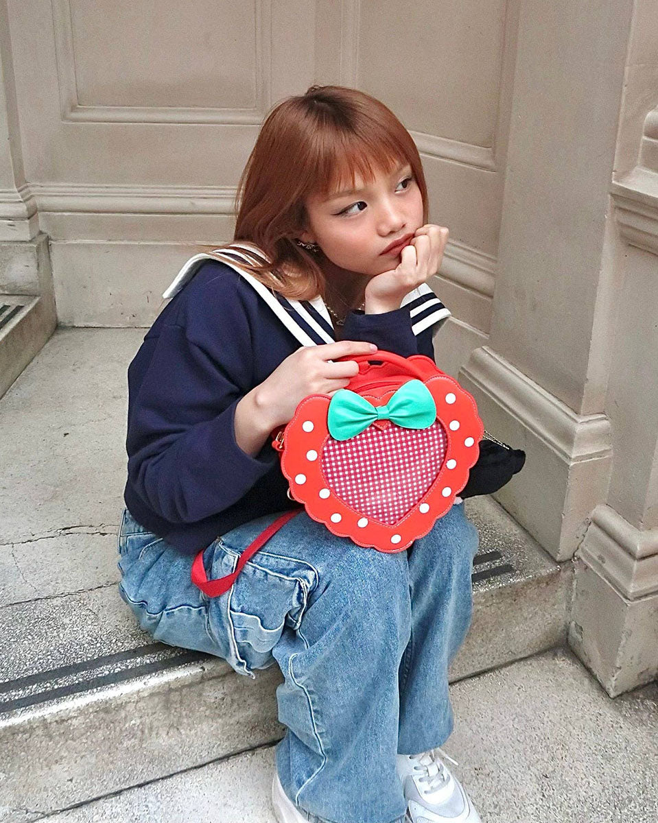 Strawberry Heart & Bow Polka Dot Crossbody Ita Handbag - Small
