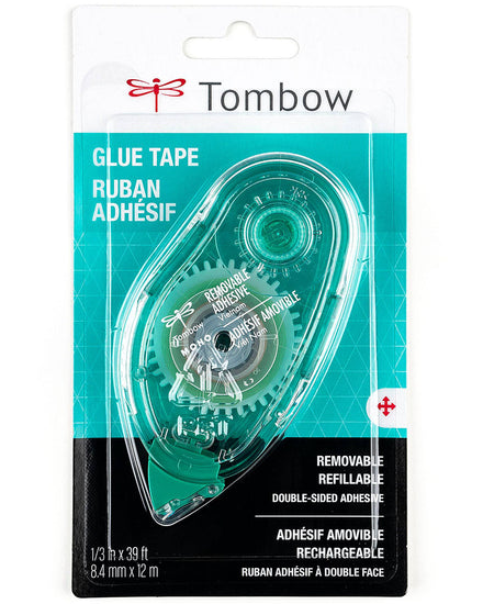 A green removable and refillable adhesive glue tape dispenser with 1/3 inches by 39 feet of tape inside a clear plastic and card stock reading Tombow.