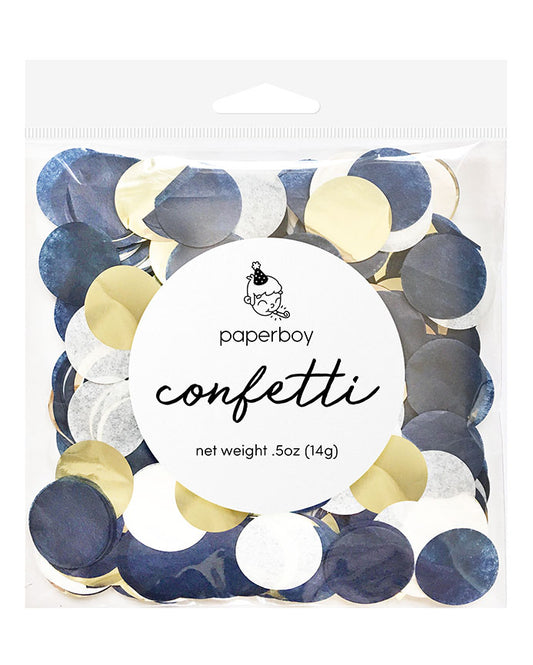 A bag of navy and gold 1 inch circle cut paper and mylar confetti. The square clear packaging and has a white circular sticker that reads "paperboy", "confetti", and "new weight .5oz (14g)"
