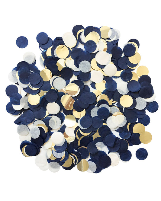 A pile of navy and gold 1 inch circle cut paper and mylar confetti on a white background. 