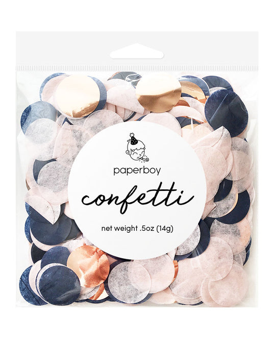 A bag of navy, blush rose, and gold 1 inch circle cut paper and mylar confetti. The square clear packaging and has a white circular sticker that reads "paperboy", "confetti", and "new weight .5oz (14g)"
