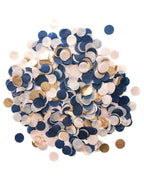 A pile of navy, blush rose, and gold 1 inch circle cut paper and mylar confetti on a white background.