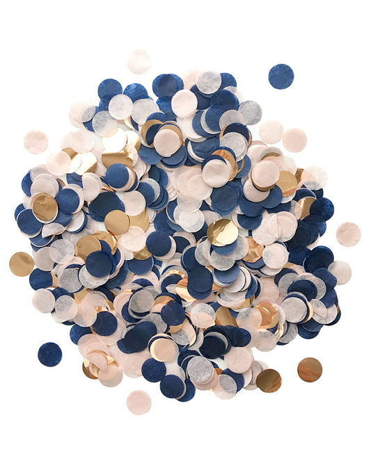 A pile of navy, blush rose, and gold 1 inch circle cut paper and mylar confetti on a white background.