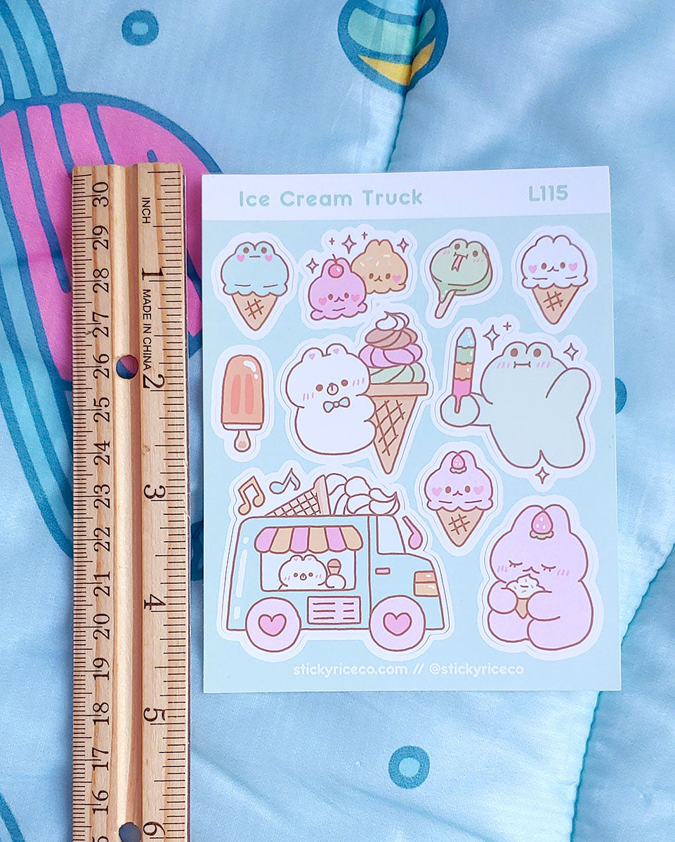 Pastel Kawaii Ice Cream Truck Matte Weatherproof Sticker Sheet - 3.75" x 4.75"