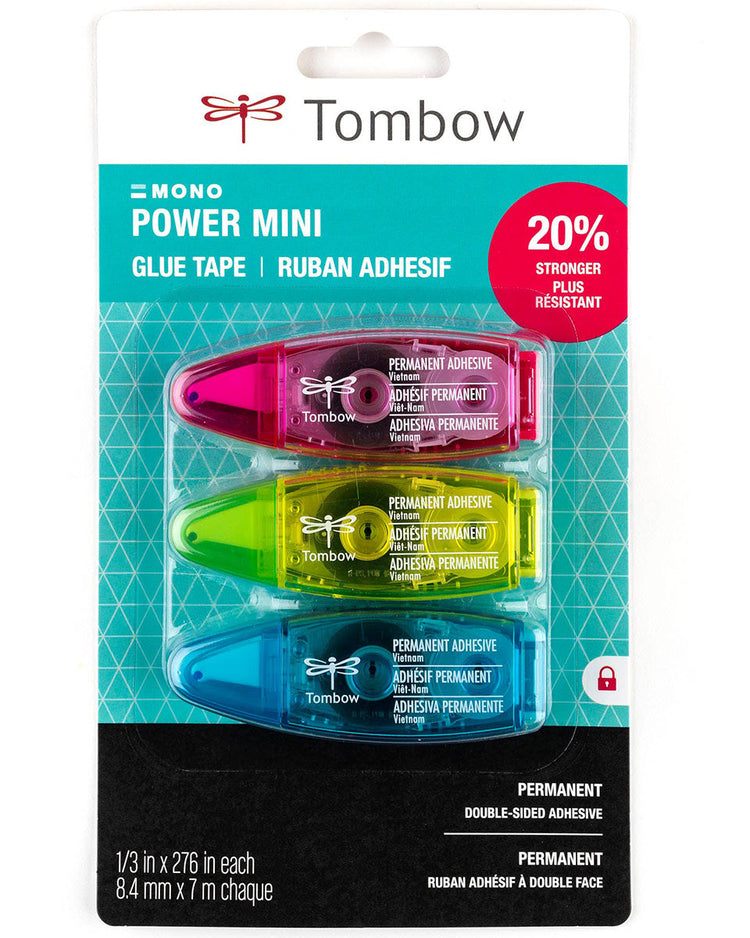 Three (3) permanent adhesive glue tapes in a pack.  One pink, one green, and one blue.  Packaging states 20% stronger plus resistant, double-sided adhesive, mono power minis, 1/3 inches x 276 inches long.  From Tombow.
