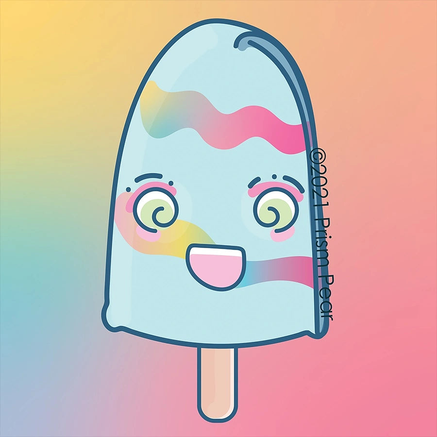 The original artwork from Prism Pear Designs. A light blue popsicle with light green swirly eyes, hot pink eye shadow, and light pink rosy cheeks.  The popsicle has a huge kawaii grin on its face.  The body has two rainbow wavy line details.  It has a beige stick at the bottom.