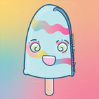 The original artwork from Prism Pear Designs. A light blue popsicle with light green swirly eyes, hot pink eye shadow, and light pink rosy cheeks.  The popsicle has a huge kawaii grin on its face.  The body has two rainbow wavy line details.  It has a beige stick at the bottom.