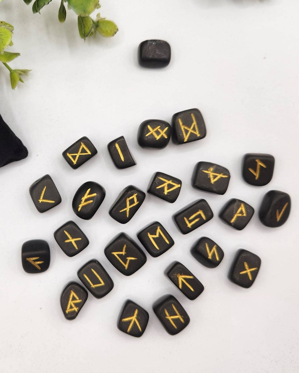 Shungite Semi-Precious Gemstone Rune Sets with Velvet Pouch - 25 Stones
