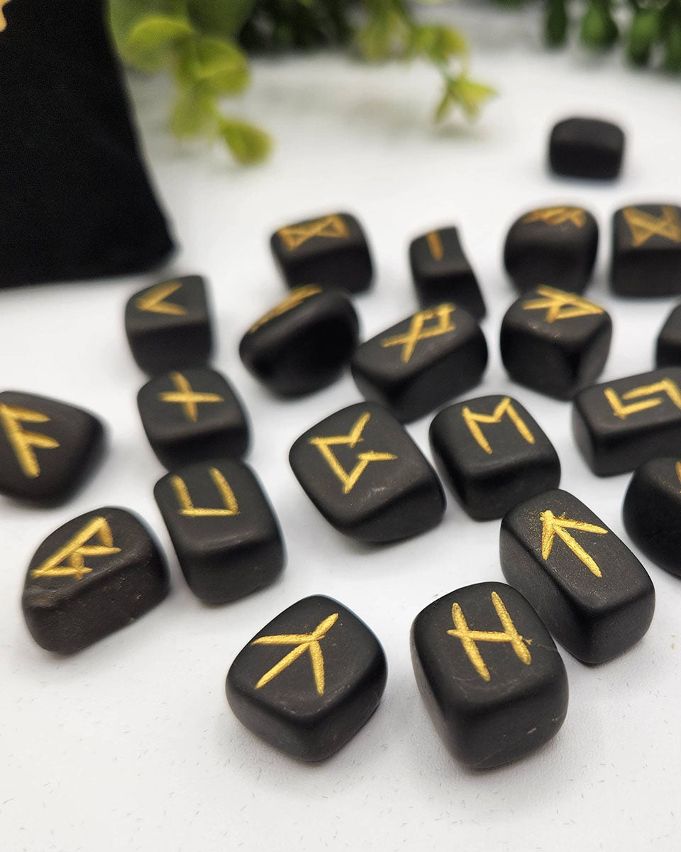 Shungite Semi-Precious Gemstone Rune Sets with Velvet Pouch - 25 Stones