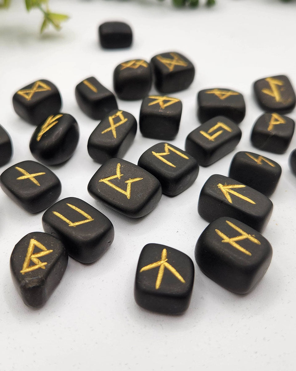 Shungite Semi-Precious Gemstone Rune Sets with Velvet Pouch - 25 Stones