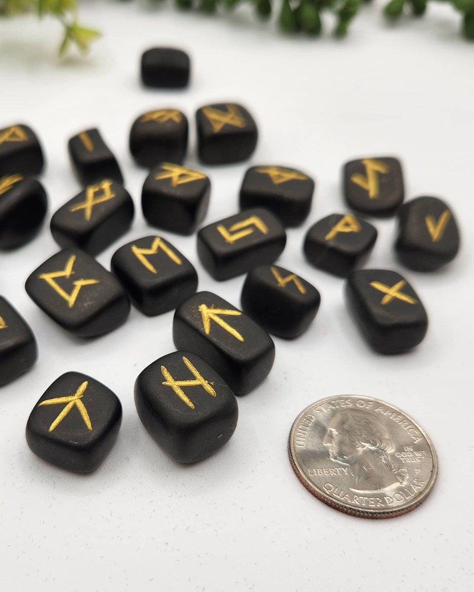 Shungite Semi-Precious Gemstone Rune Sets with Velvet Pouch - 25 Stones