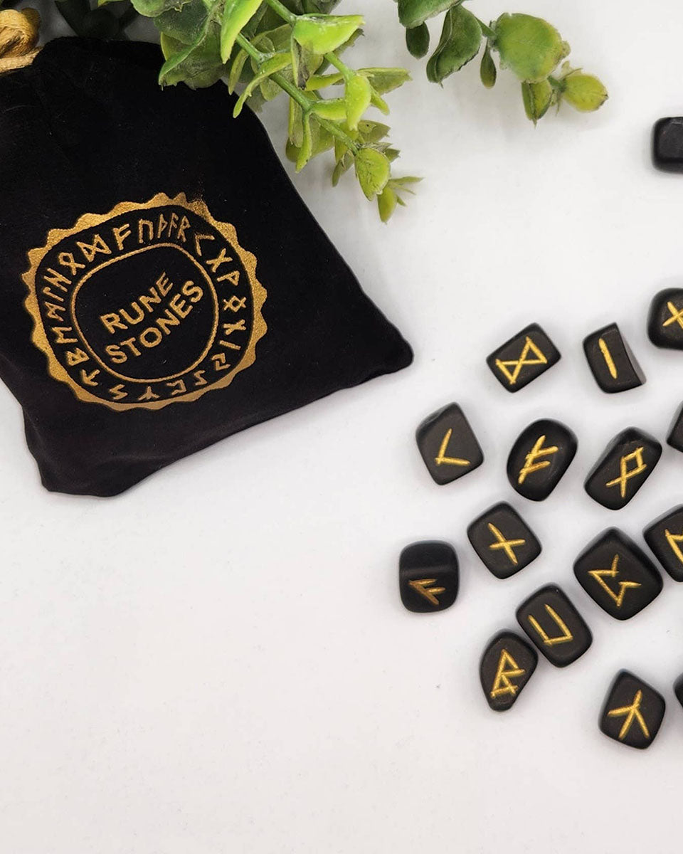 Shungite Semi-Precious Gemstone Rune Sets with Velvet Pouch - 25 Stones