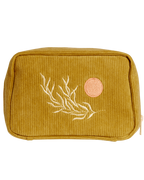 Bolsa de maquillaje de pana con bordado de sol y hojas en color oliva