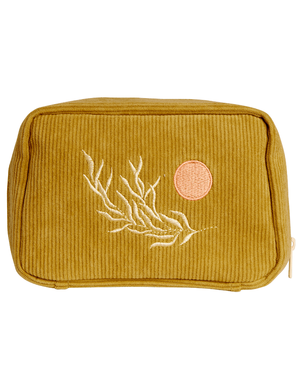 Sun & Leaf Embroidered Corduroy Makeup Bag in Olive