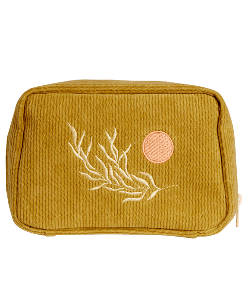 Bolsa de maquillaje de pana con bordado de sol y hojas en color oliva